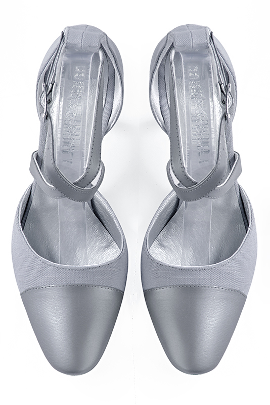 Mouse grey women's open side shoes, with crossed straps. Round toe. High slim heel. Top view - Florence KOOIJMAN